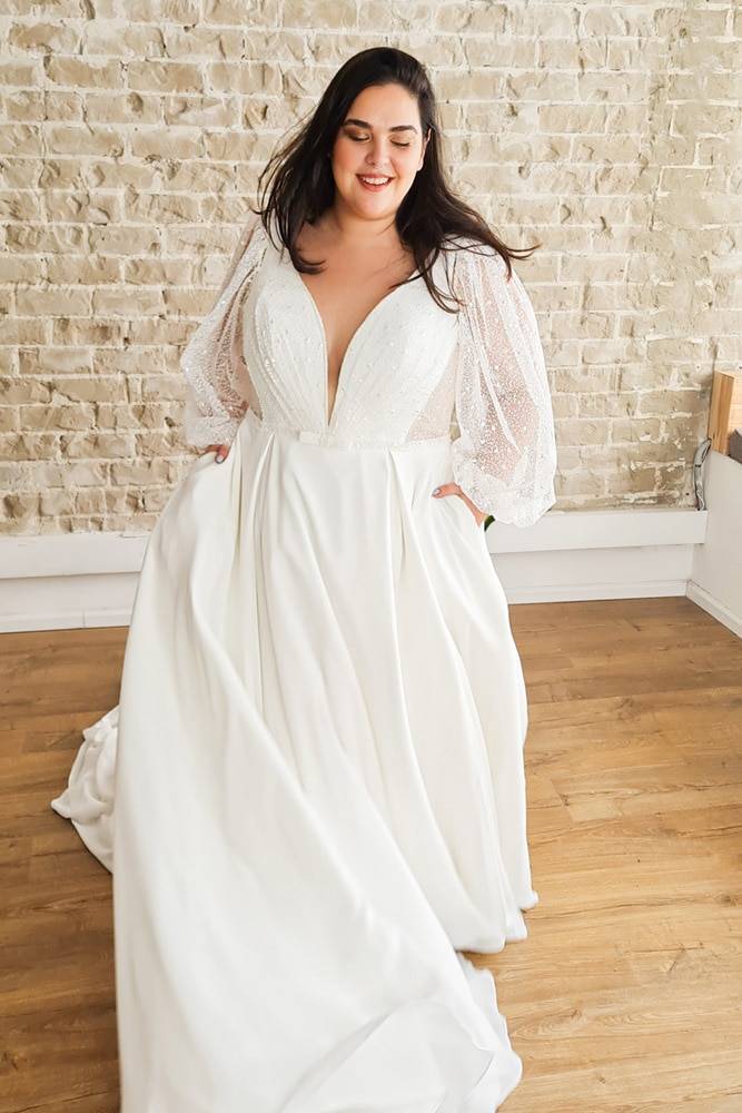 model wearing a white wedding gown