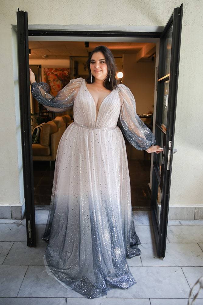model wearing a grey wedding gown